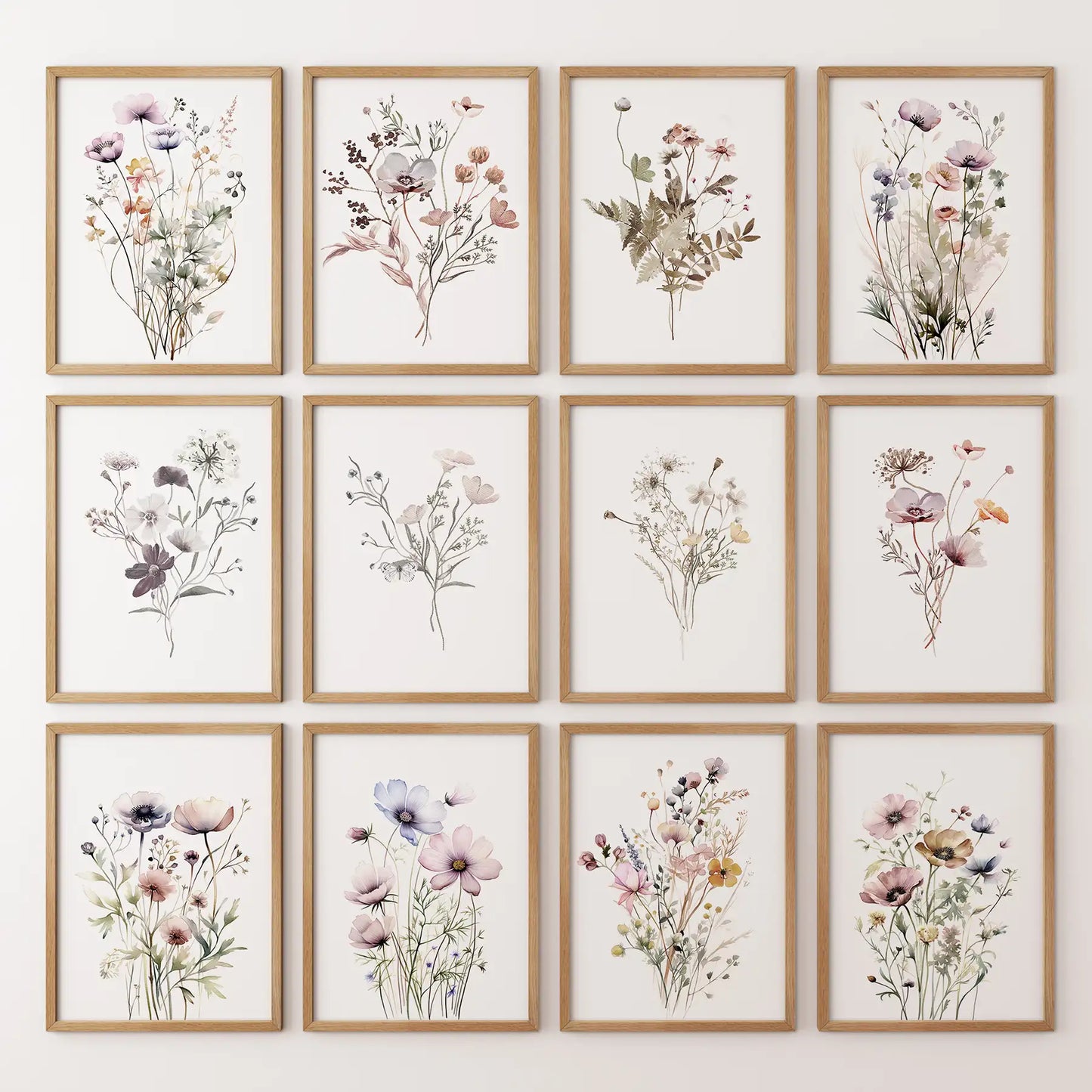 Neutral Wildflower Wall Art Set of 12. Botanical Prints
