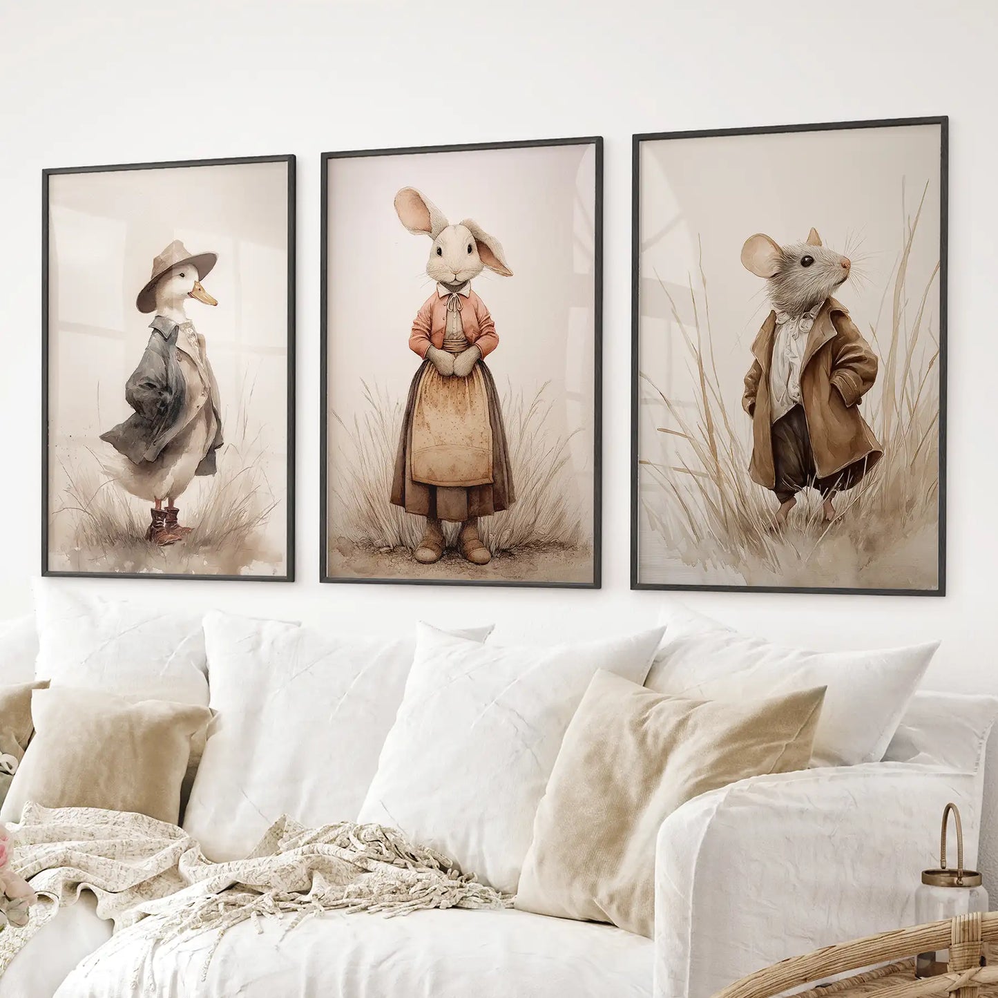 Whimsical Animal Wall Art. Dug & Mouse Set 3 Vintage Prints