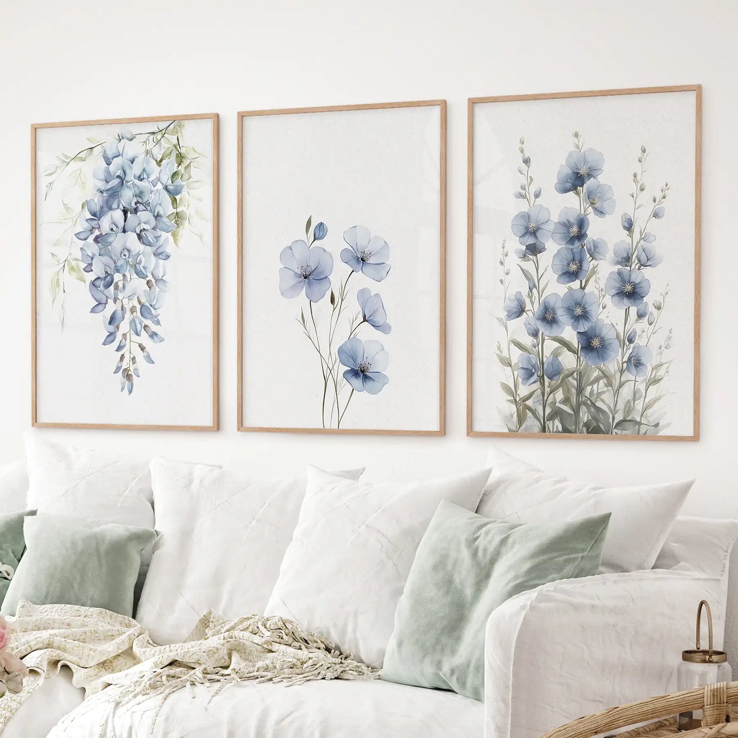 Blue Floral Watercolor Art Set of 3. Elegant Prints