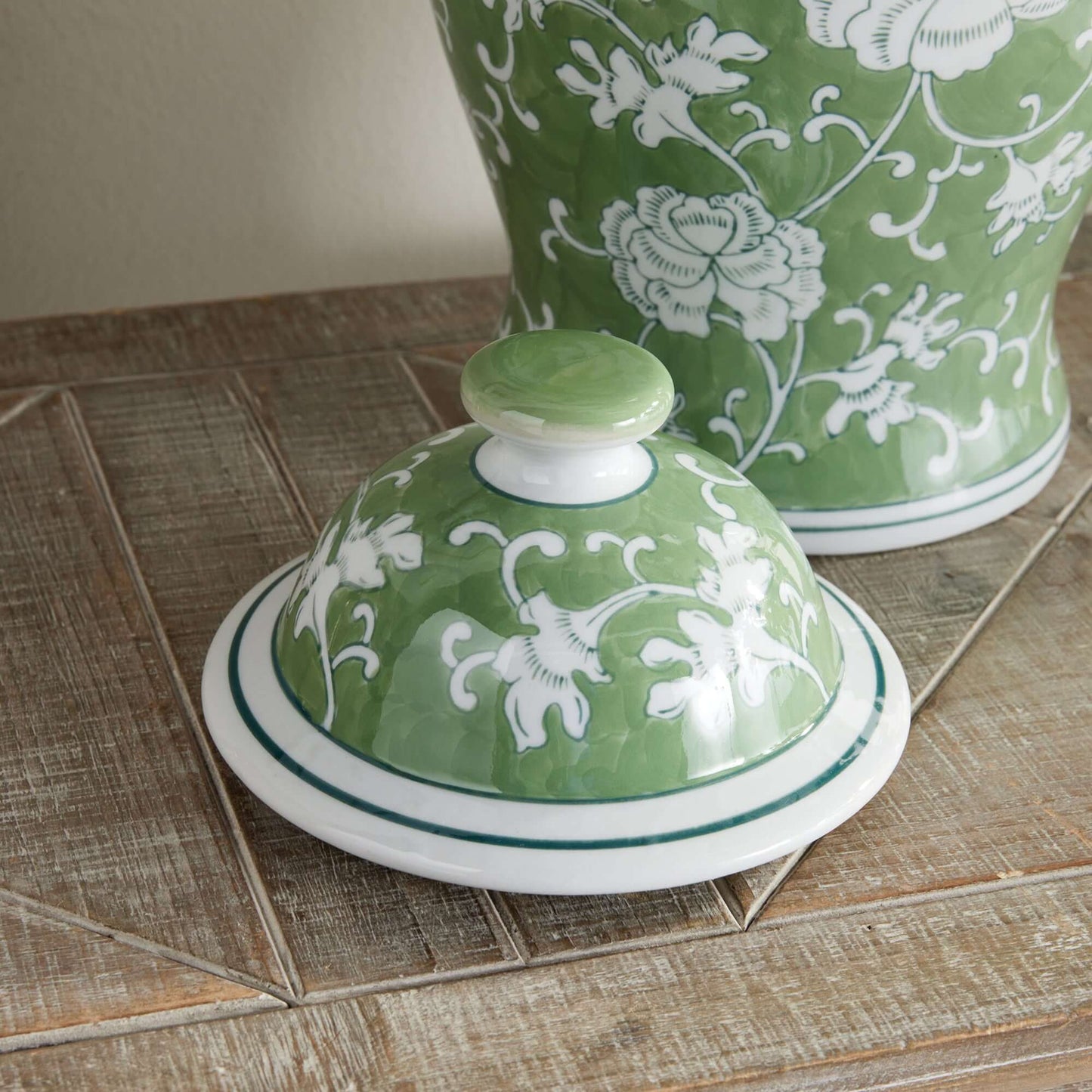 Porcelain Green Chinoiserie Lotus Ginger Jar with Lid
