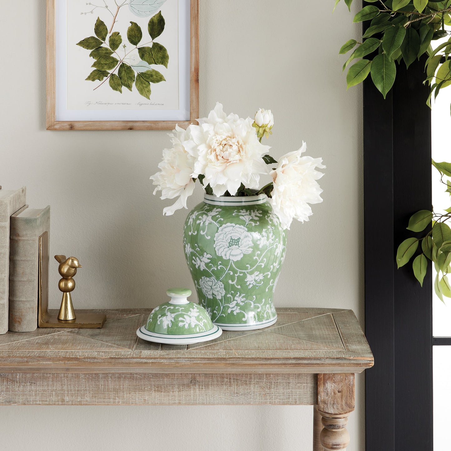 Porcelain Green Chinoiserie Lotus Ginger Jar with Lid