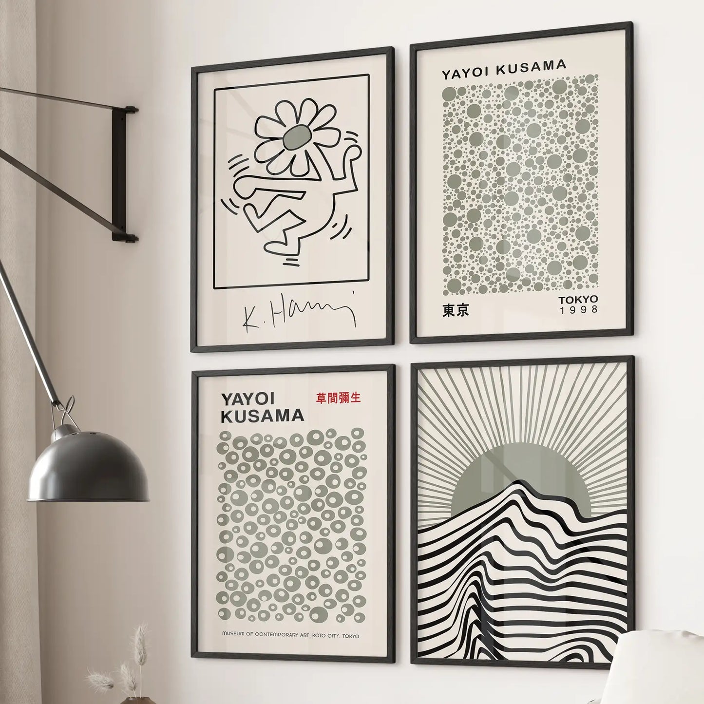 Boho Modern Abstract Set of 4 Prints. Kusama, Haring, Bauhaus