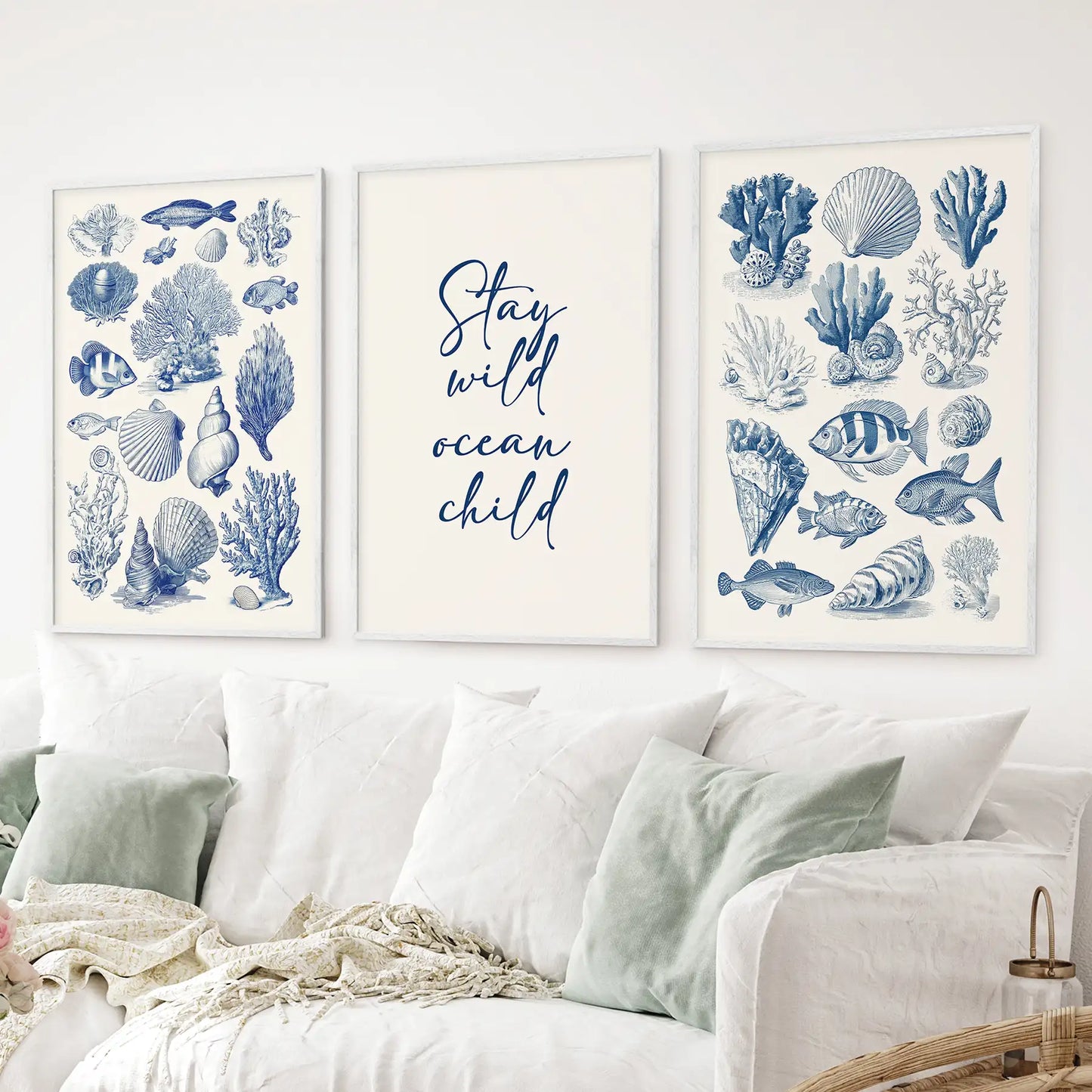 Coastal Sea Life Prints. Blue Sea Shells and Fish Print Set