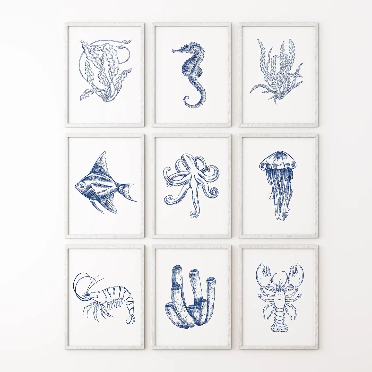 Coastal Nautical Set of 9. Navy Blue Sea Life Prints