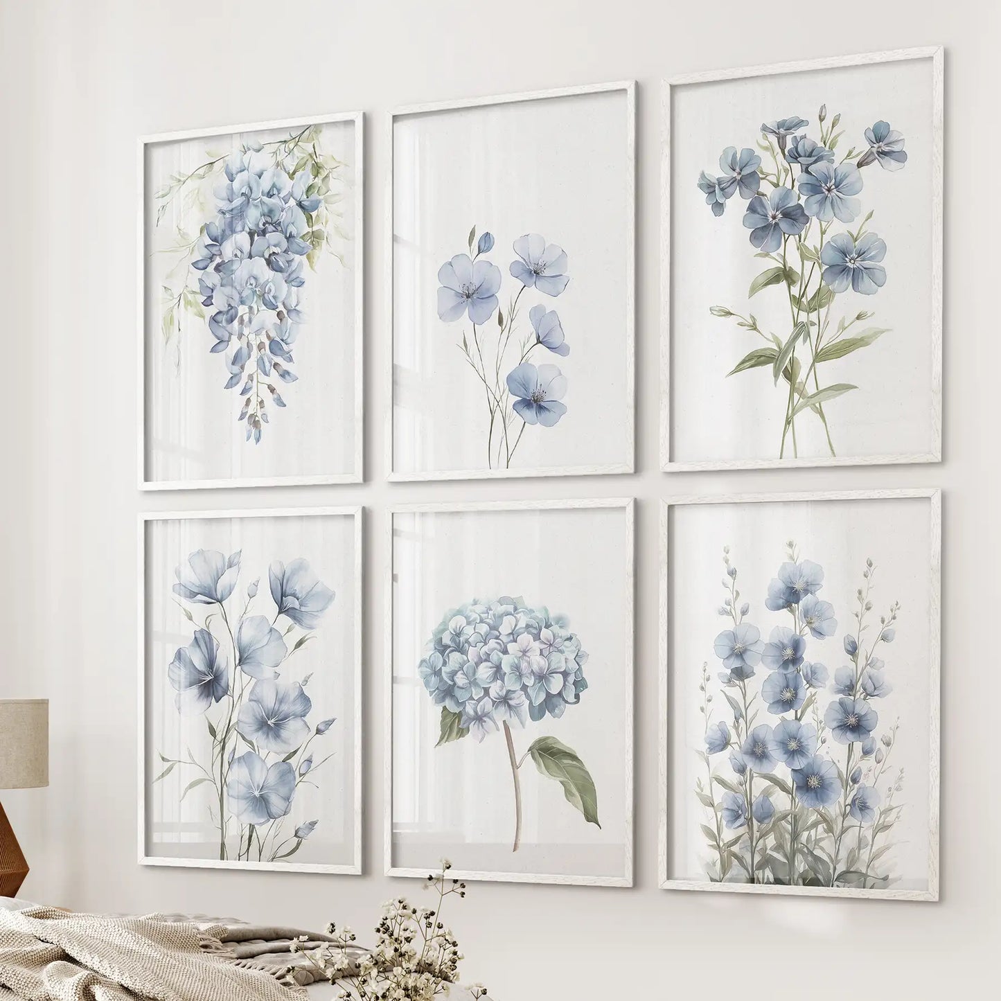 Blue Hydrangea, Wisteria, Flax Flowers Art. Set of 6 Prints
