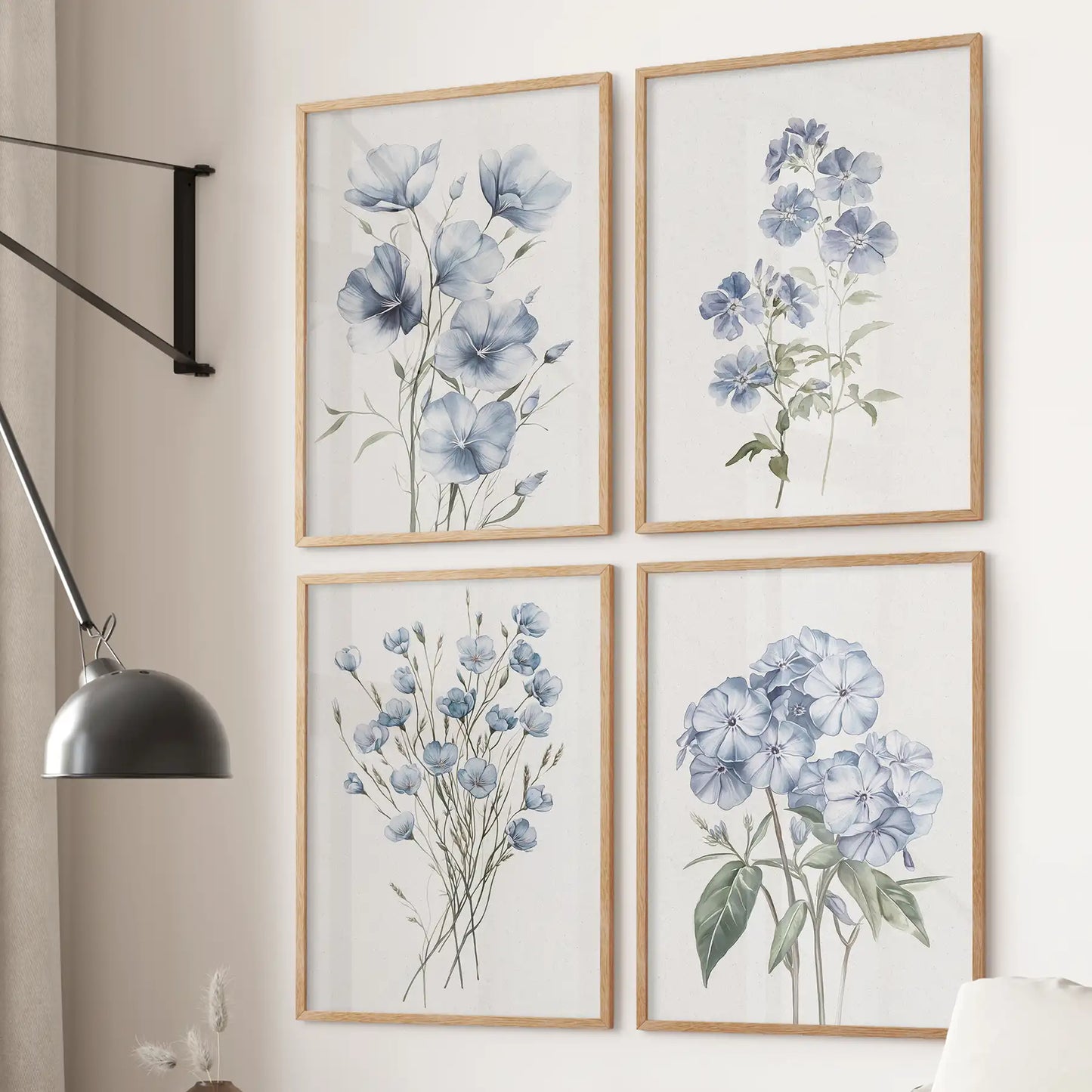 Blue Botanical Wall Art Set of 4 Prints. Flax, Phlox Flowers