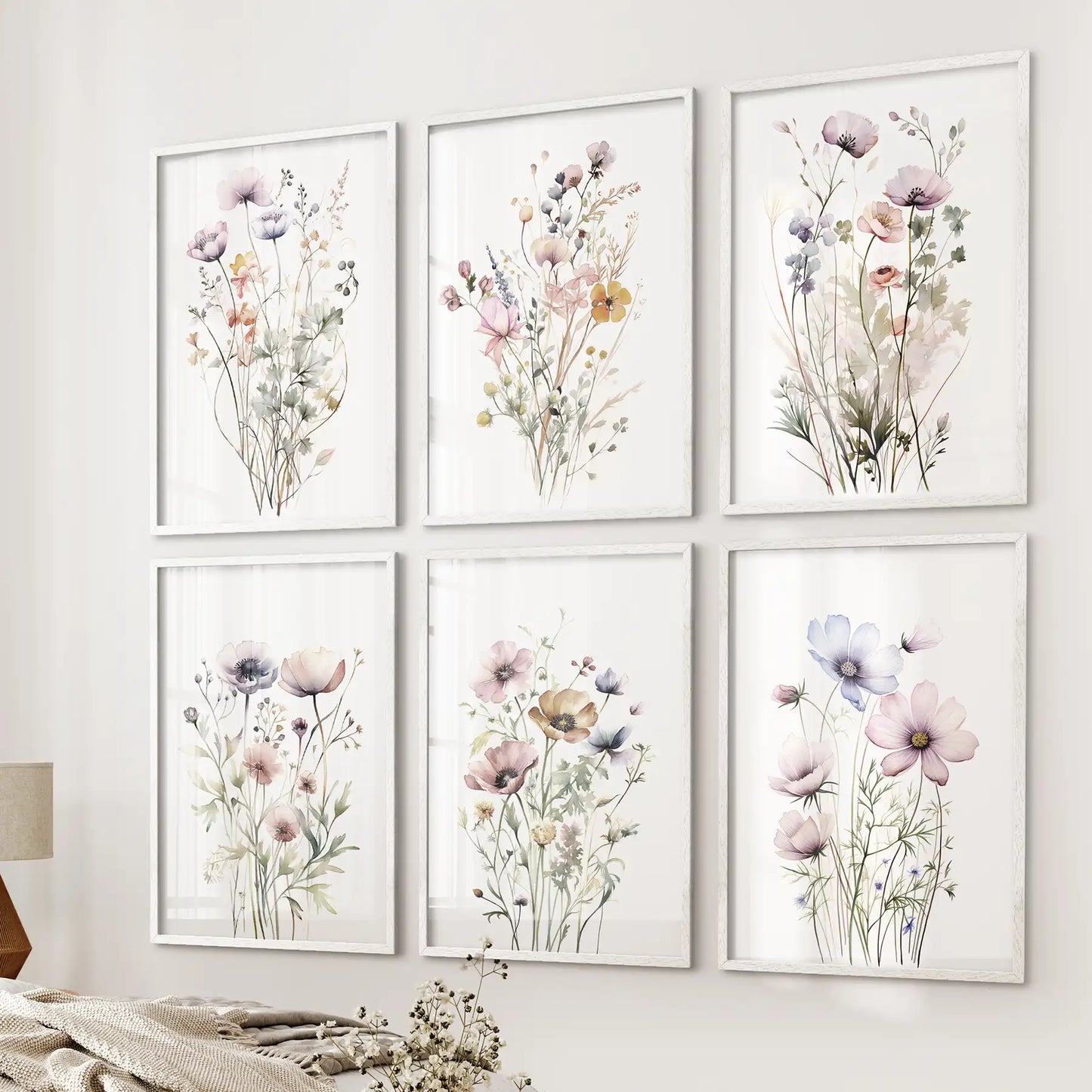 Botanical Watercolor 6 Piece Art Set. Meadow Flowers Prints for Bedroom