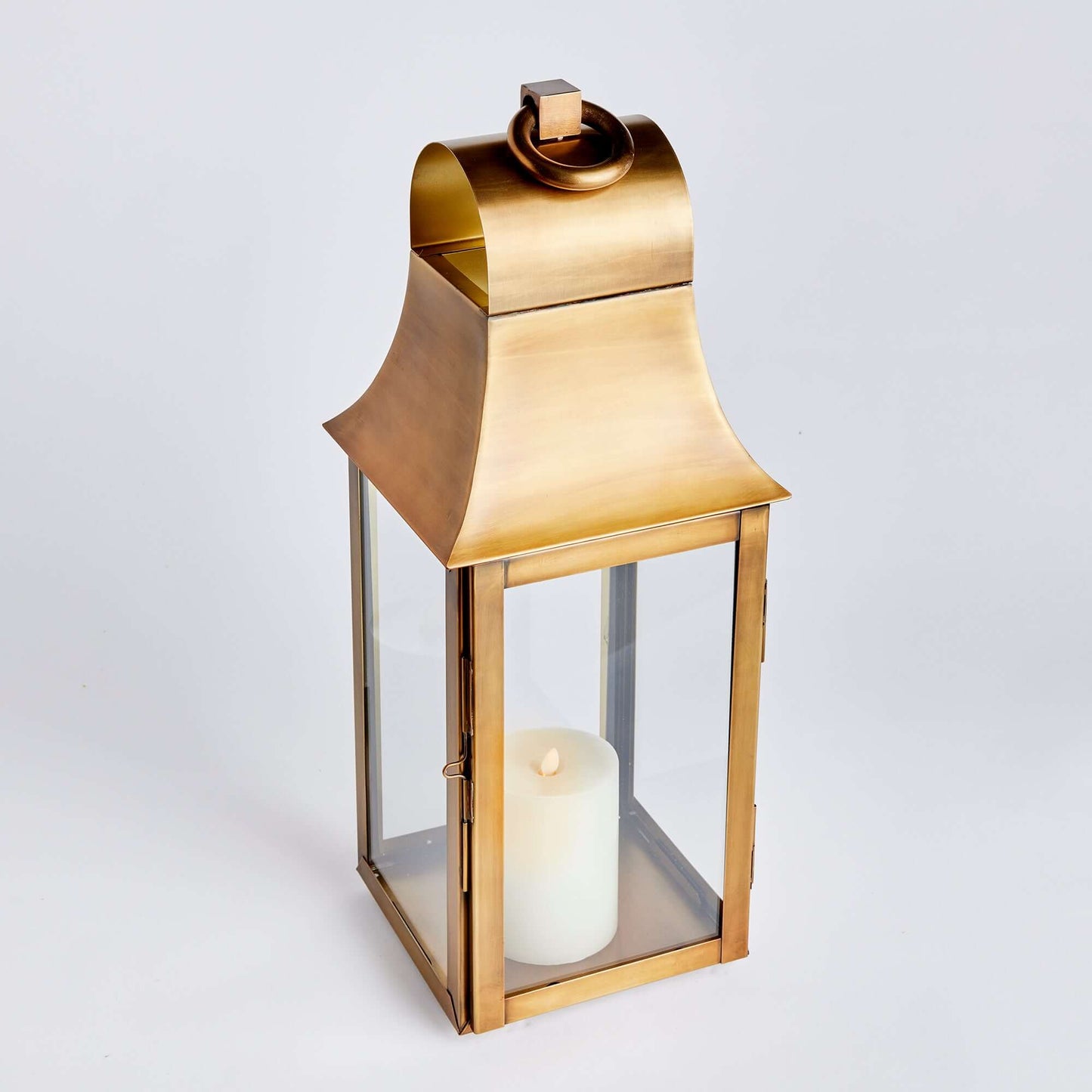 Tall Antique Brass Candle Lantern with Hanging Loop