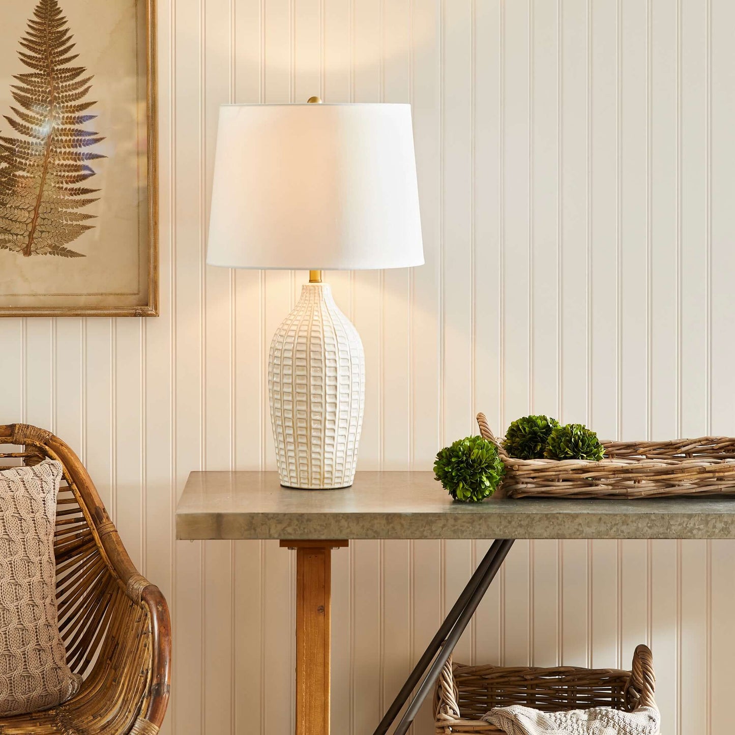 Textured Vintage Ceramic Table Lamp in White Glaze