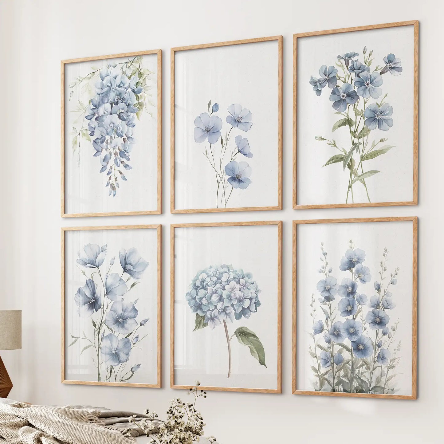Blue Hydrangea, Wisteria, Flax Flowers Art. Set of 6 Prints