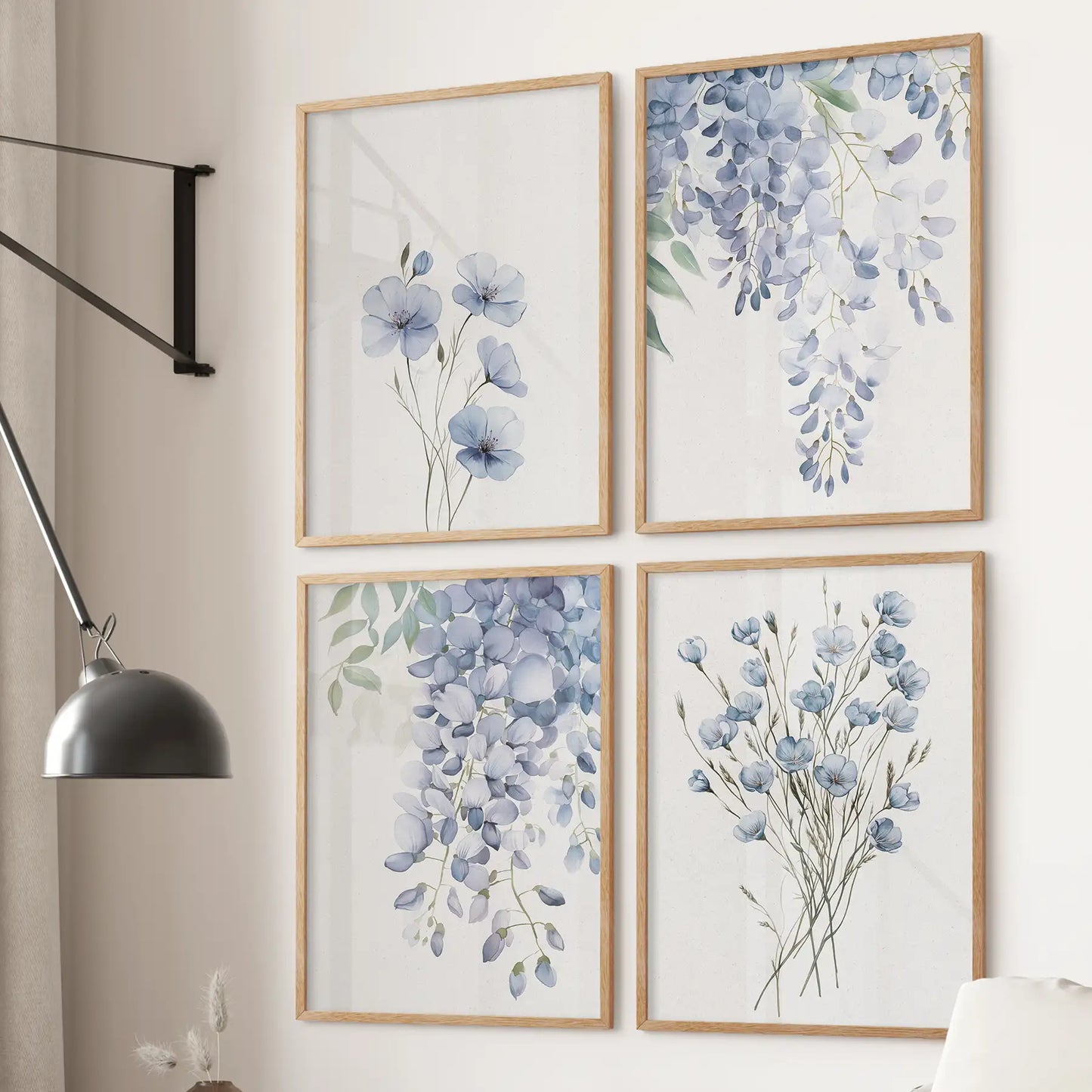 Blue Floral Wall Art Set of 4. Watercolor Wisteria Print