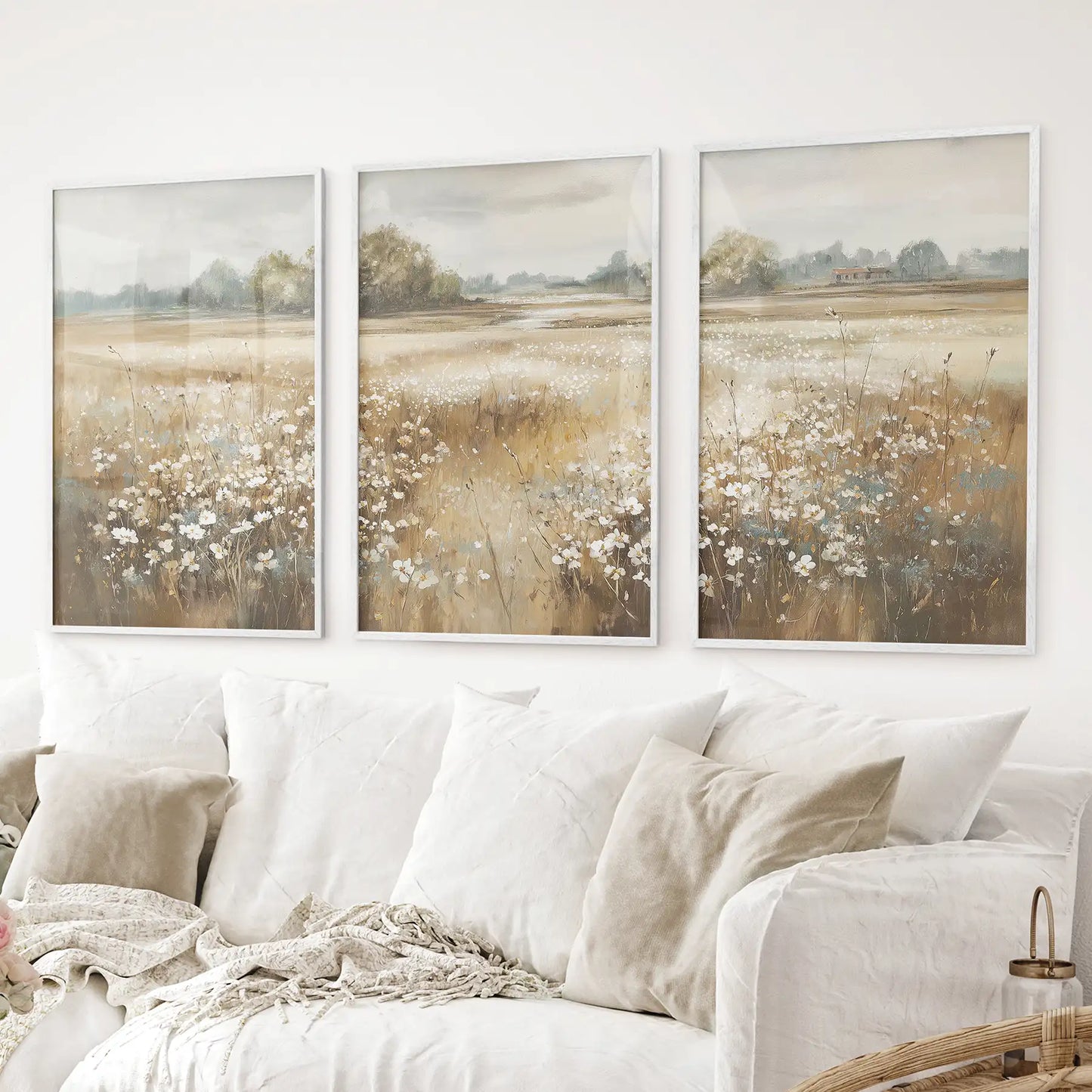 Neutral Floral Field Art Set of 3. Rustic Landscape