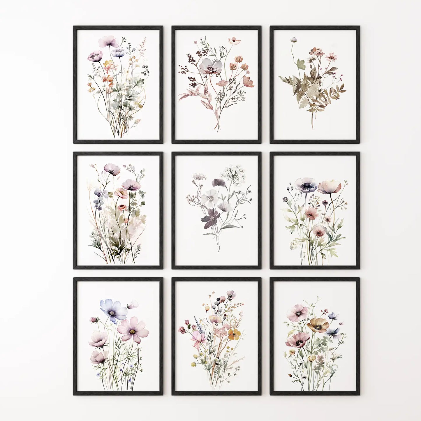Soft Botanical Watercolor Set of 9 Prints. Wildflower Wall Art