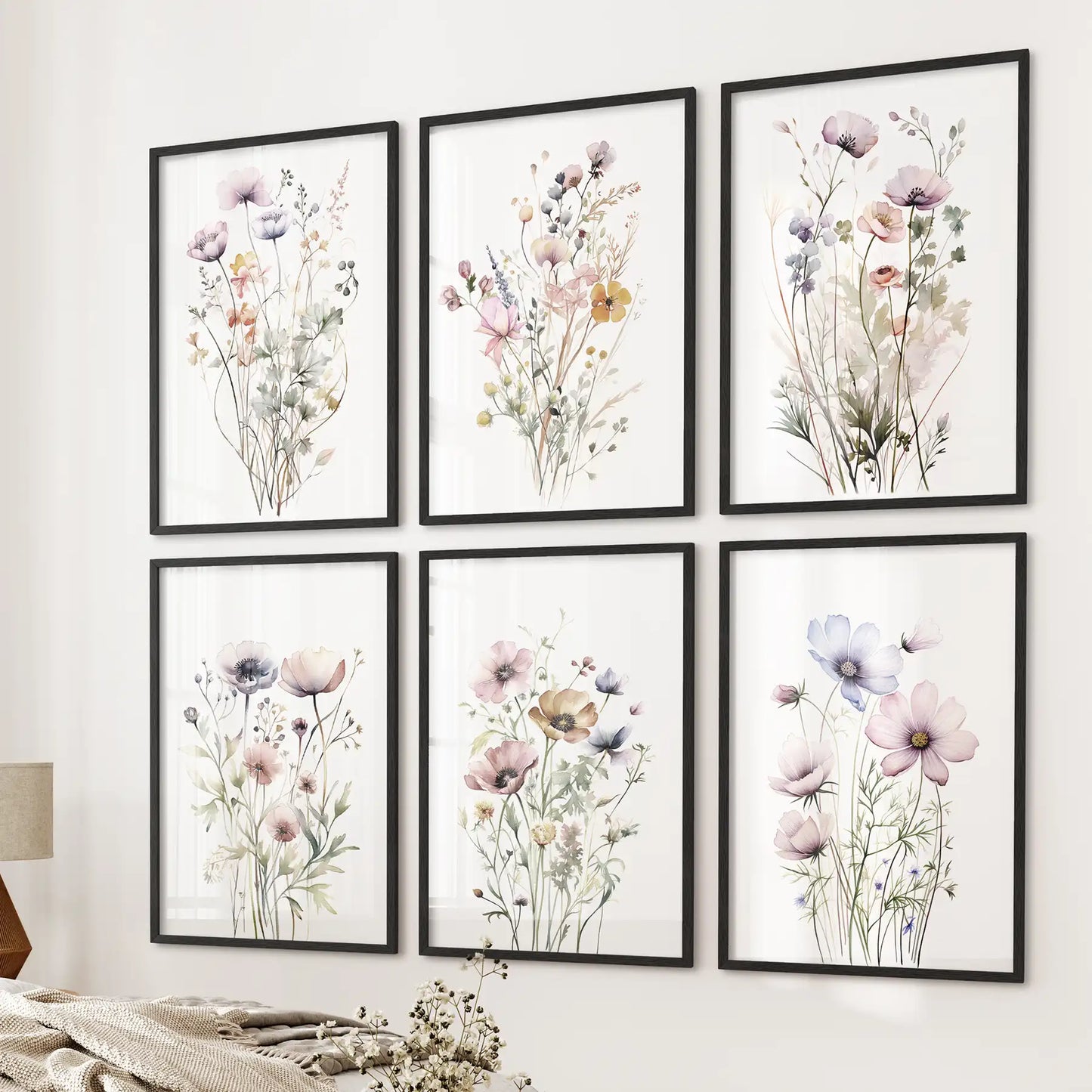 Botanical Watercolor 6 Piece Art Set. Meadow Flowers Prints for Bedroom