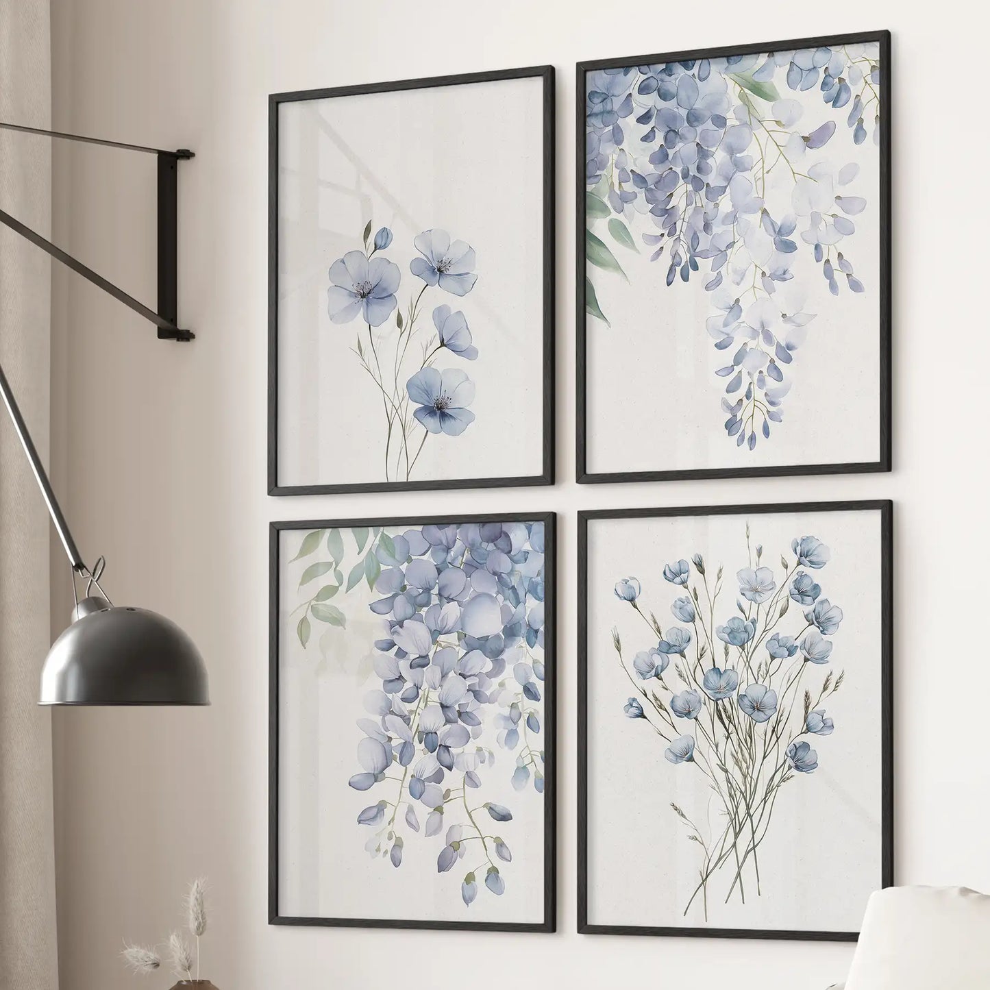 Blue Floral Wall Art Set of 4. Watercolor Wisteria Print