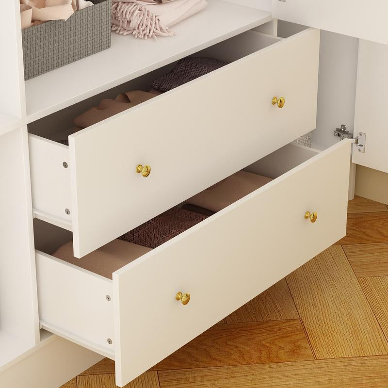 FUFU&GAGA Wardrobe Armoire with Mirror, 5-Tier Shelves, 2 Drawers, 2 Hanging Rods and 4 Doors, Wooden Closet Storage Cabinet for Bedroom