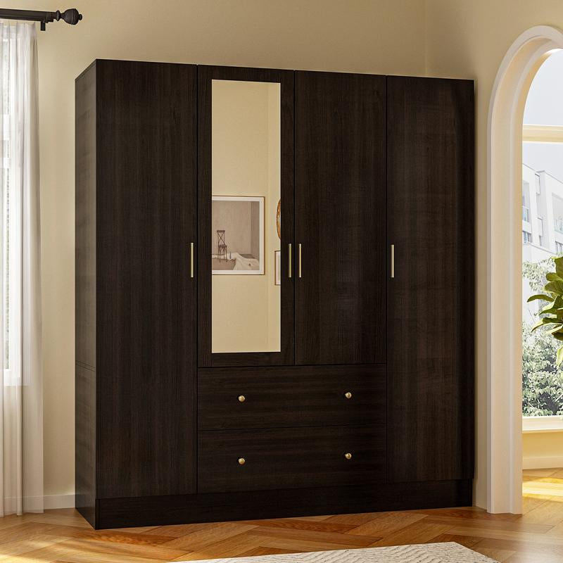 FUFU&GAGA Wardrobe Armoire with Mirror, 5-Tier Shelves, 2 Drawers, 2 Hanging Rods and 4 Doors, Wooden Closet Storage Cabinet for Bedroom