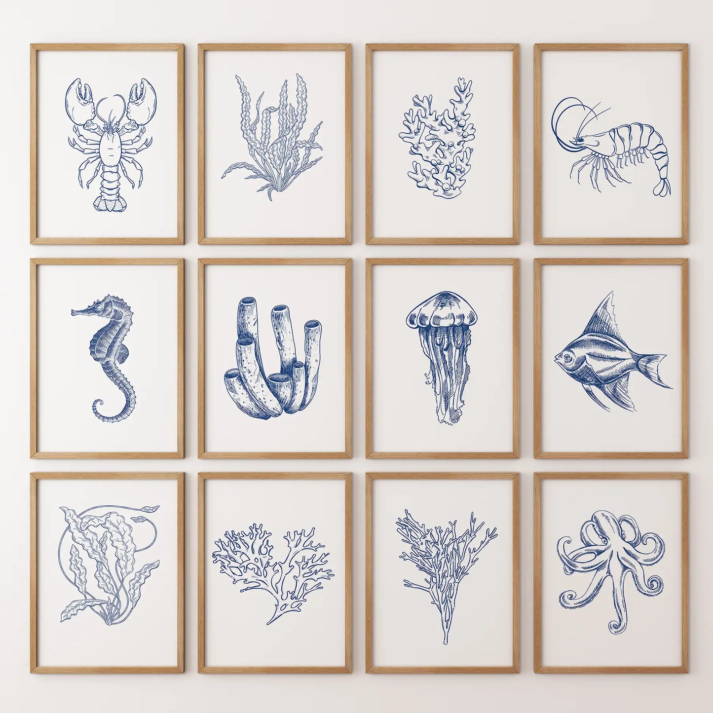 Nautical Modern Marine Life Wall Art. Navy Blue Set of 12