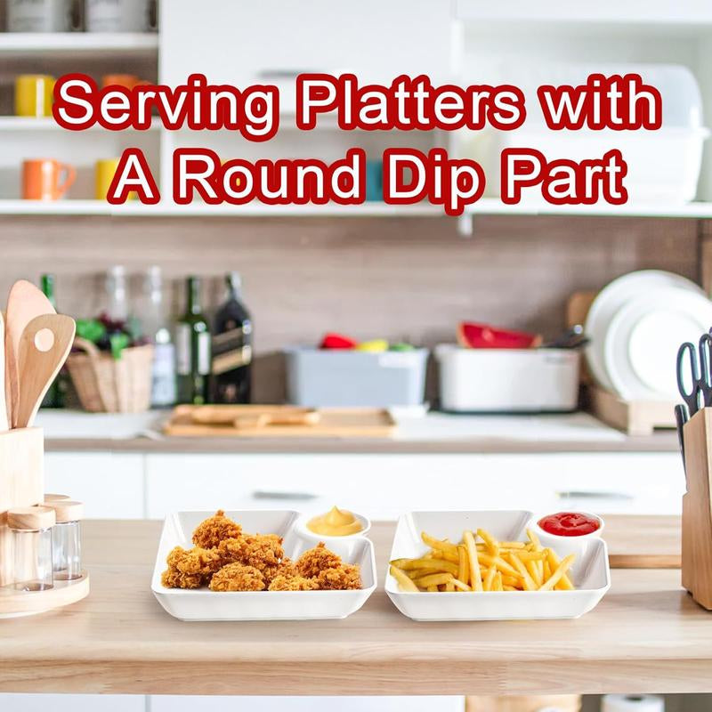 10 Count Chips and Dip Plates, Plastic Serving Platter Set Dumpling Plate with Dipping Saucer, White Divided Snack Serving Dishes for Appetizer, Sushi, Taco Salsa, Charcuterie,