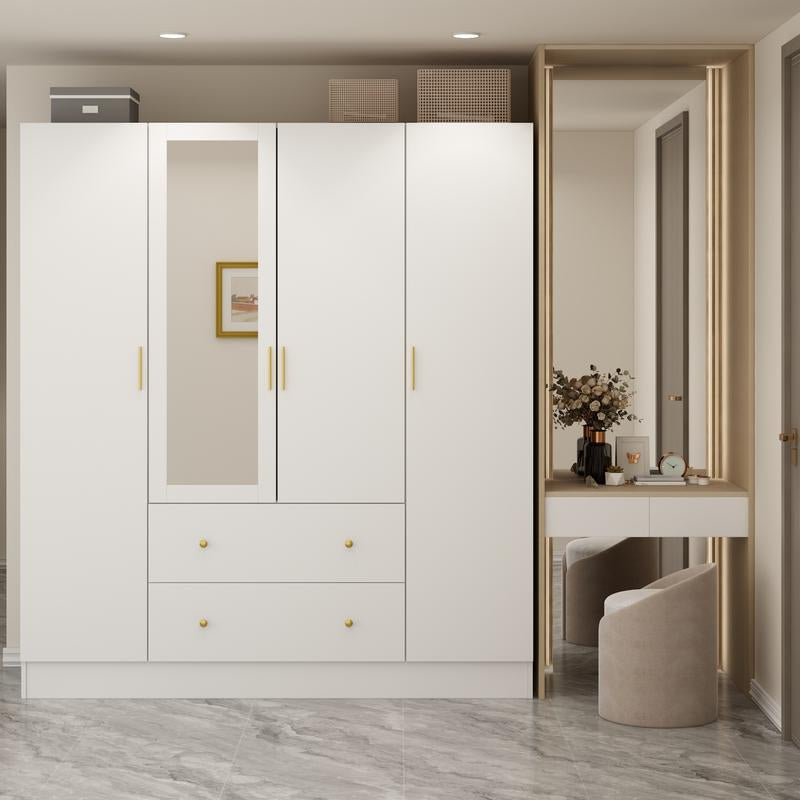 FUFU&GAGA Wardrobe Armoire with Mirror, 5-Tier Shelves, 2 Drawers, 2 Hanging Rods and 4 Doors, Wooden Closet Storage Cabinet for Bedroom