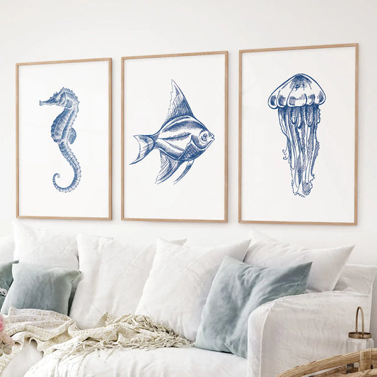 Sea Animal Posters. Seahorse, Fish, Jellyfish Art Print Set