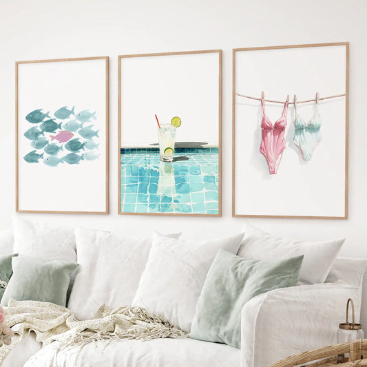 Summer Wall Art Set of 3. Poolside Party Watercolor Prints