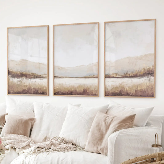 Neutral Beige Brown Landscape Tryptich. Set of 3 Art Prints