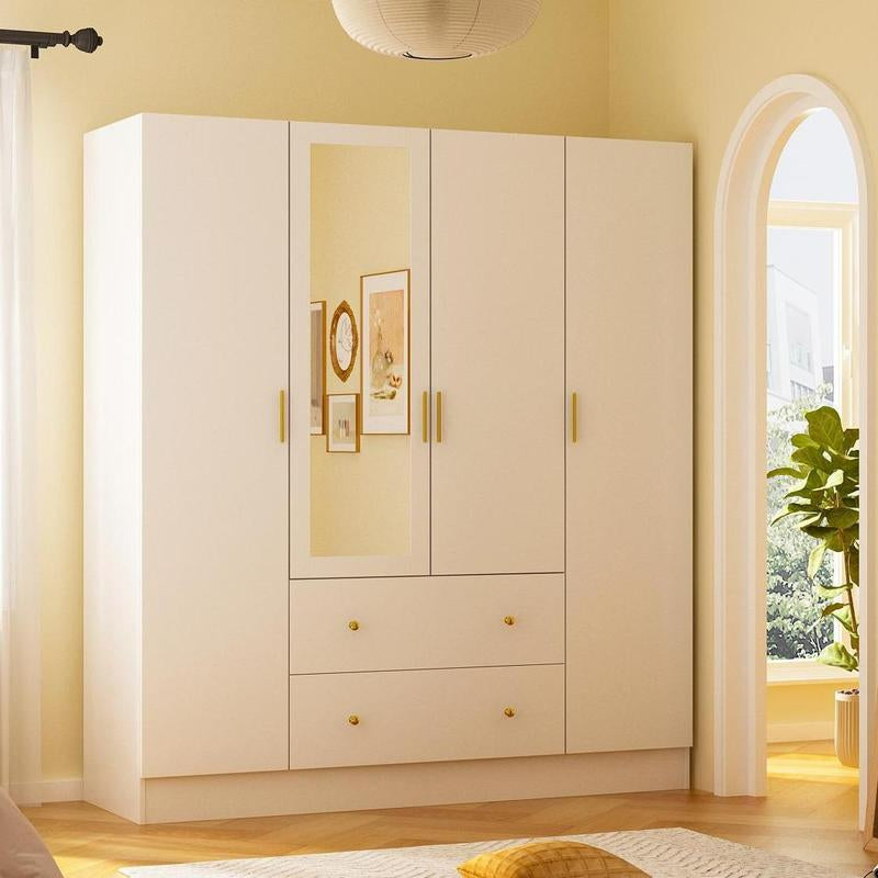 FUFU&GAGA Wardrobe Armoire with Mirror, 5-Tier Shelves, 2 Drawers, 2 Hanging Rods and 4 Doors, Wooden Closet Storage Cabinet for Bedroom