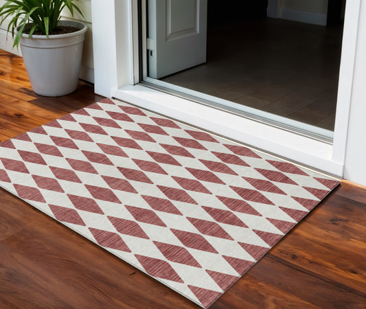 3' X 5' Burgundy Geometric Washable Indoor Outdoor Area Rug-0