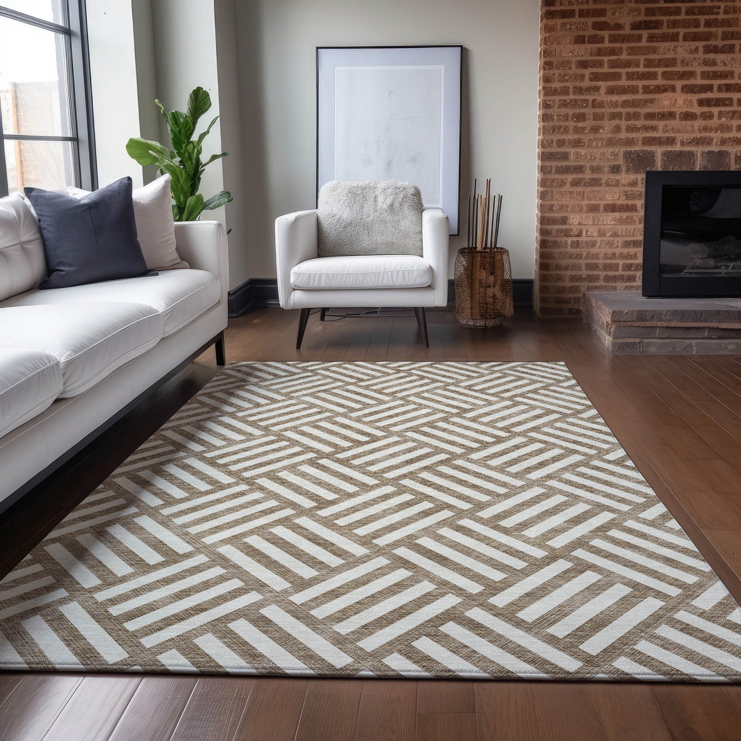 10' X 14' Brown And Ivory Geometric Washable Indoor Outdoor Area Rug
