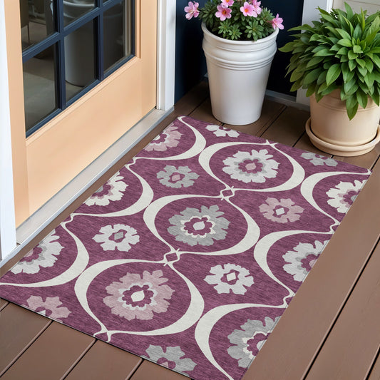 3' X 5' Eggplant Ivory And Gray Medallion Washable Indoor Outdoor Area Rug-0