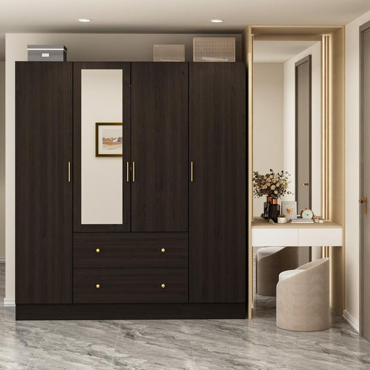 FUFU&GAGA Wardrobe Armoire with Mirror, 5-Tier Shelves, 2 Drawers, 2 Hanging Rods and 4 Doors, Wooden Closet Storage Cabinet for Bedroom