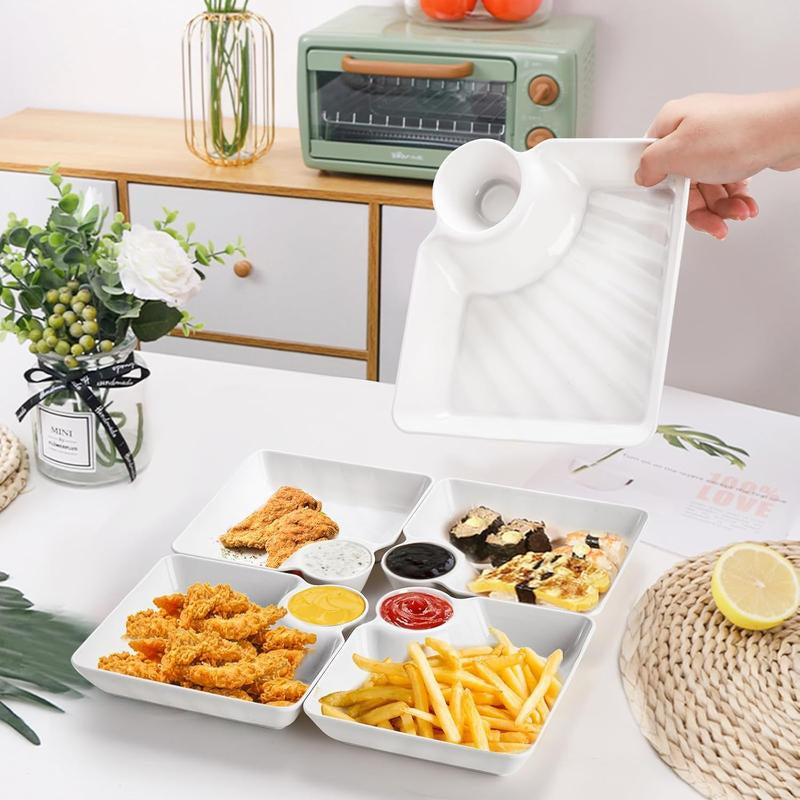 10 Count Chips and Dip Plates, Plastic Serving Platter Set Dumpling Plate with Dipping Saucer, White Divided Snack Serving Dishes for Appetizer, Sushi, Taco Salsa, Charcuterie,