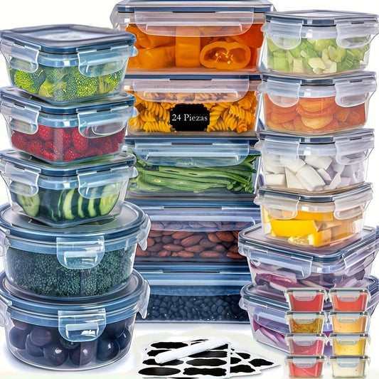 Essential 24-Piece Food Storage Box Set with 24 Lids & 24 Containers Sealed Plastic Utensil Set for Pantry Travel Outdoor Picnic Kitchen Tidying Includes Labels Markings 48-Piece Set