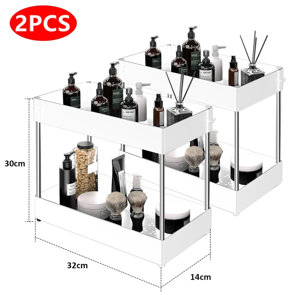 2 Tier under Sink Organizer Sliding Cabinet Basket Organizer Storage Rack with Hooks Hanging Cup Bathroom Kitchen Organizer