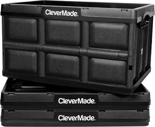 Collapsible Storage Bins - Black 3 Pack 32L - Stackable Containers Heavy Duty Capacity Folding Crates - Space-Saving for Home
