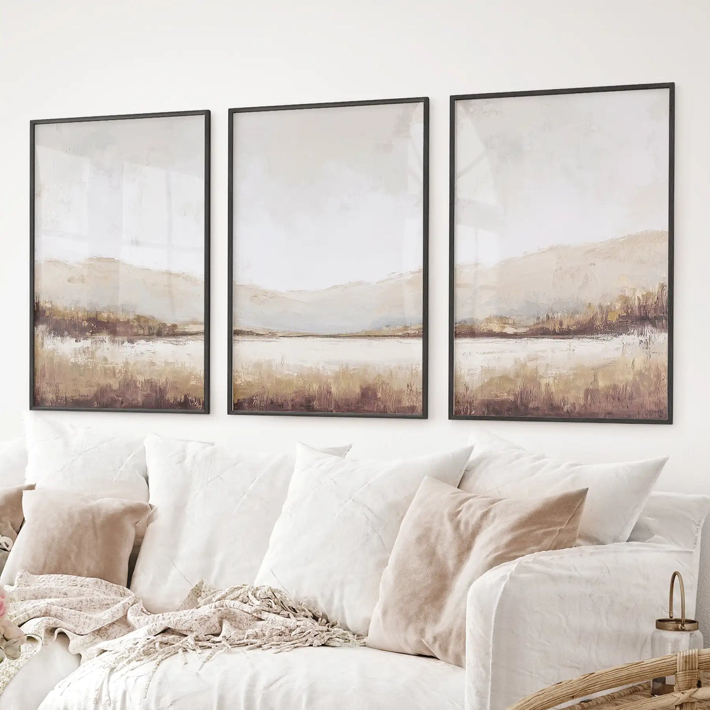 Neutral Beige Brown Landscape Tryptich. Set of 3 Art Prints