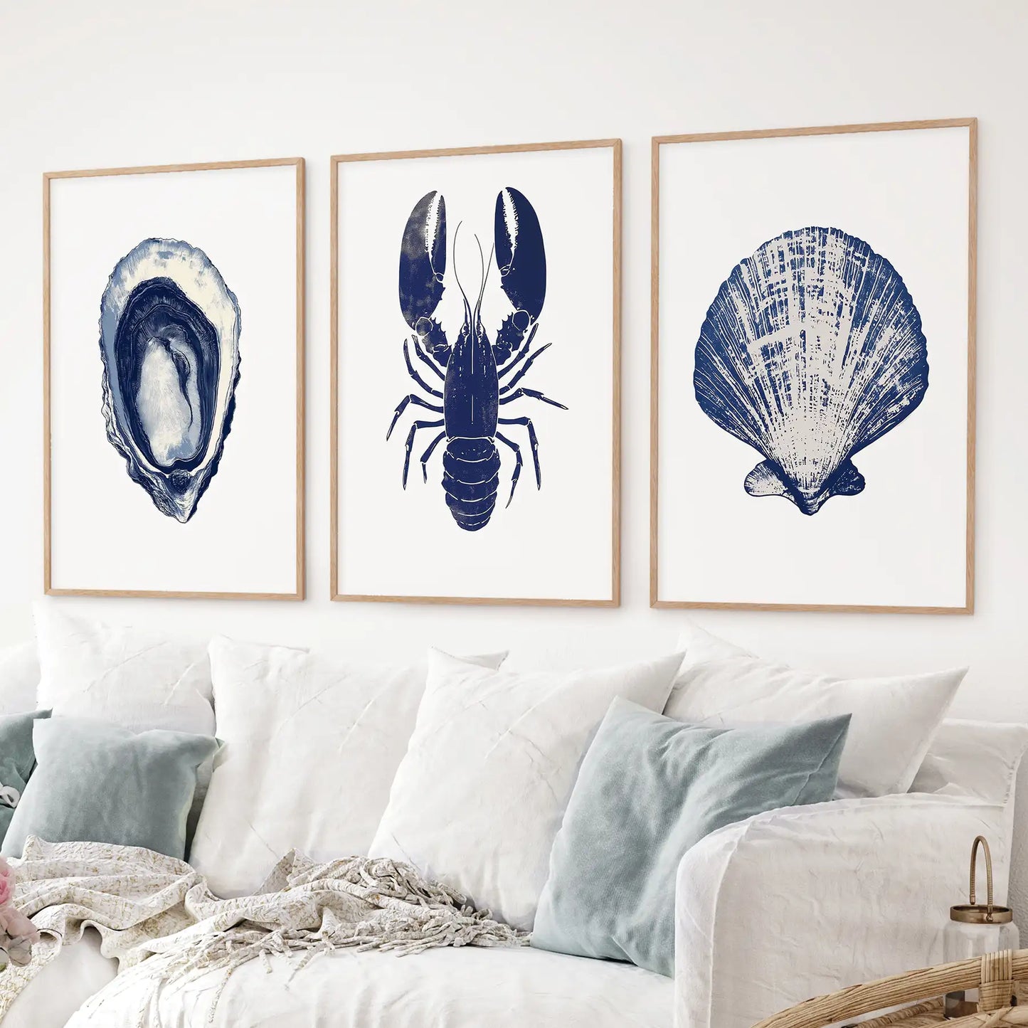 Lobster, Shell Nautical Prints.Coastal Set of 3 Piece