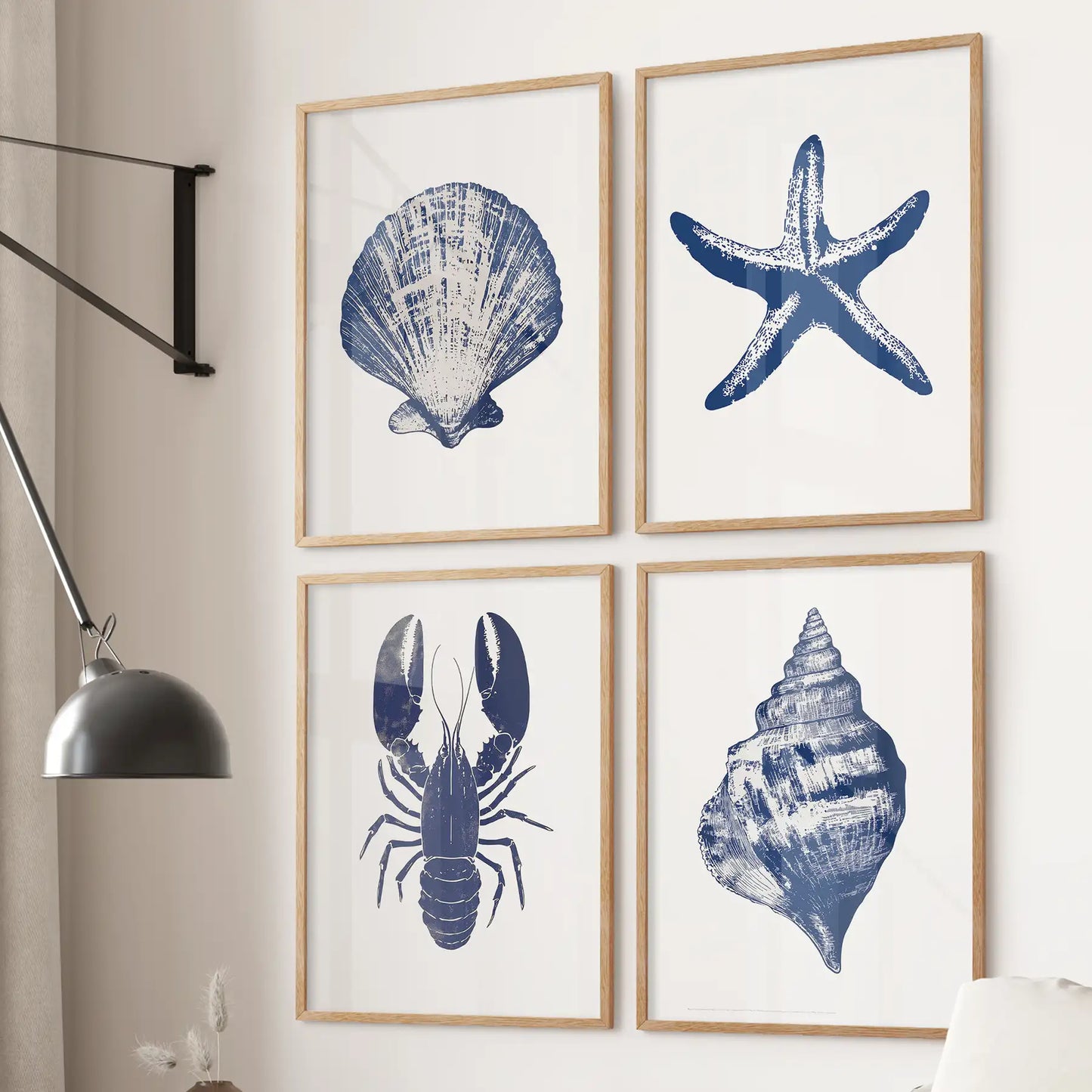 Set of 4 Art Prints. Starfish, Lobster, Seashell