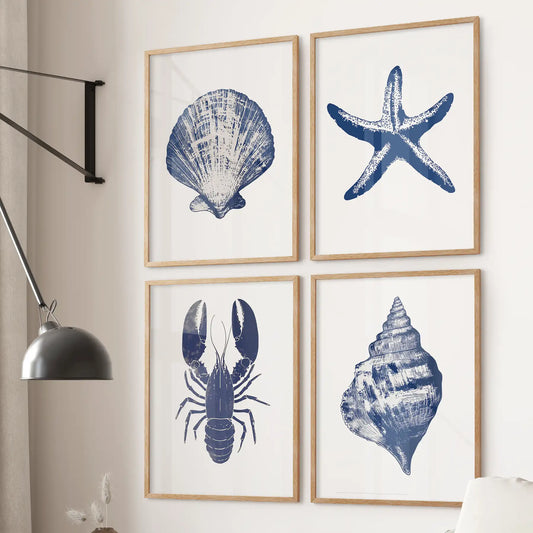 Set of 4 Art Prints. Starfish, Lobster, Seashell