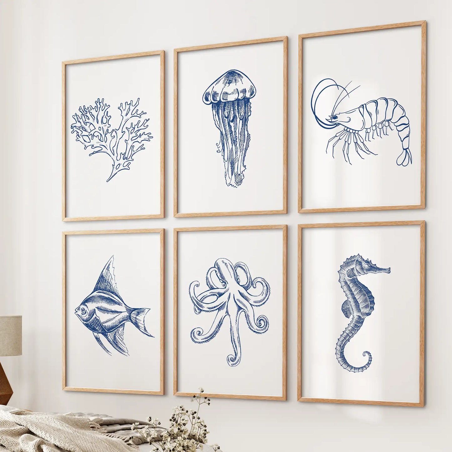 Jellyfish, Octopus, Fish Prints. Set of 6 Nautical Wall Art
