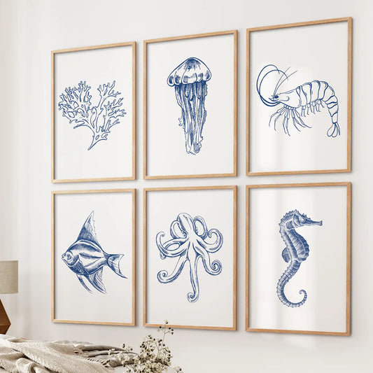 Jellyfish, Octopus, Fish Prints. Set of 6 Nautical Wall Art