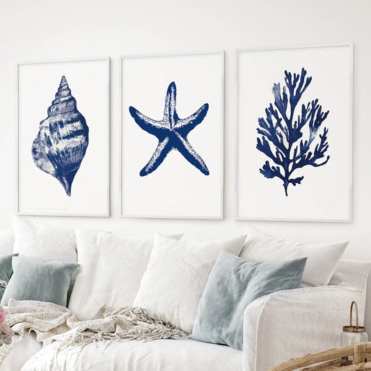 Lobster, Coral, Starfish Print Set. Nautical Set of 3 Wall Art