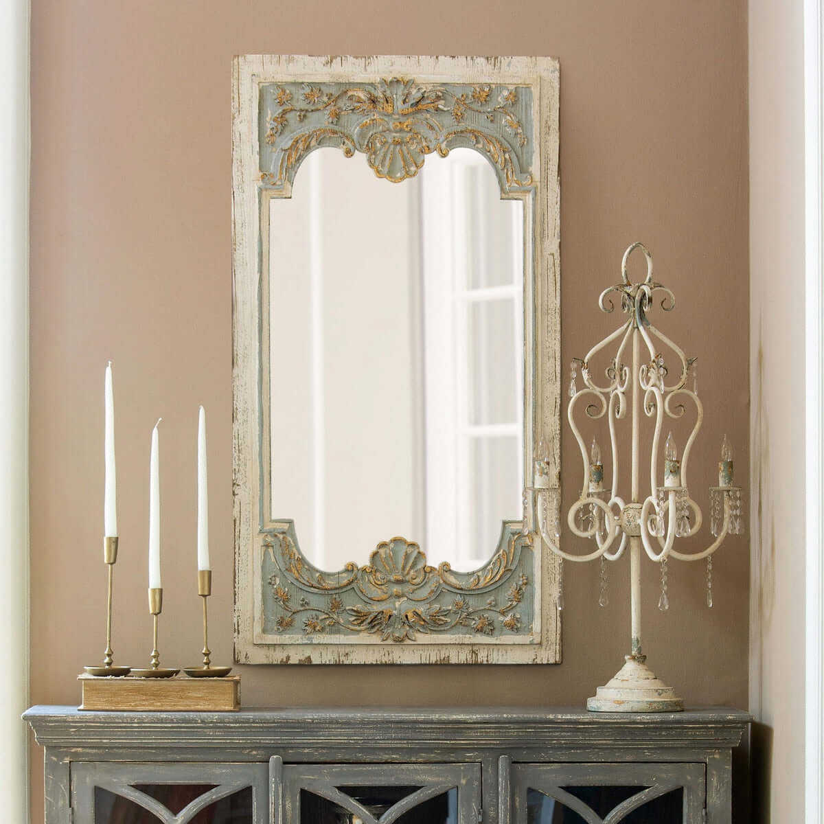 Vintage French Country Carved Wood Mirror with Distressed Blue Frame