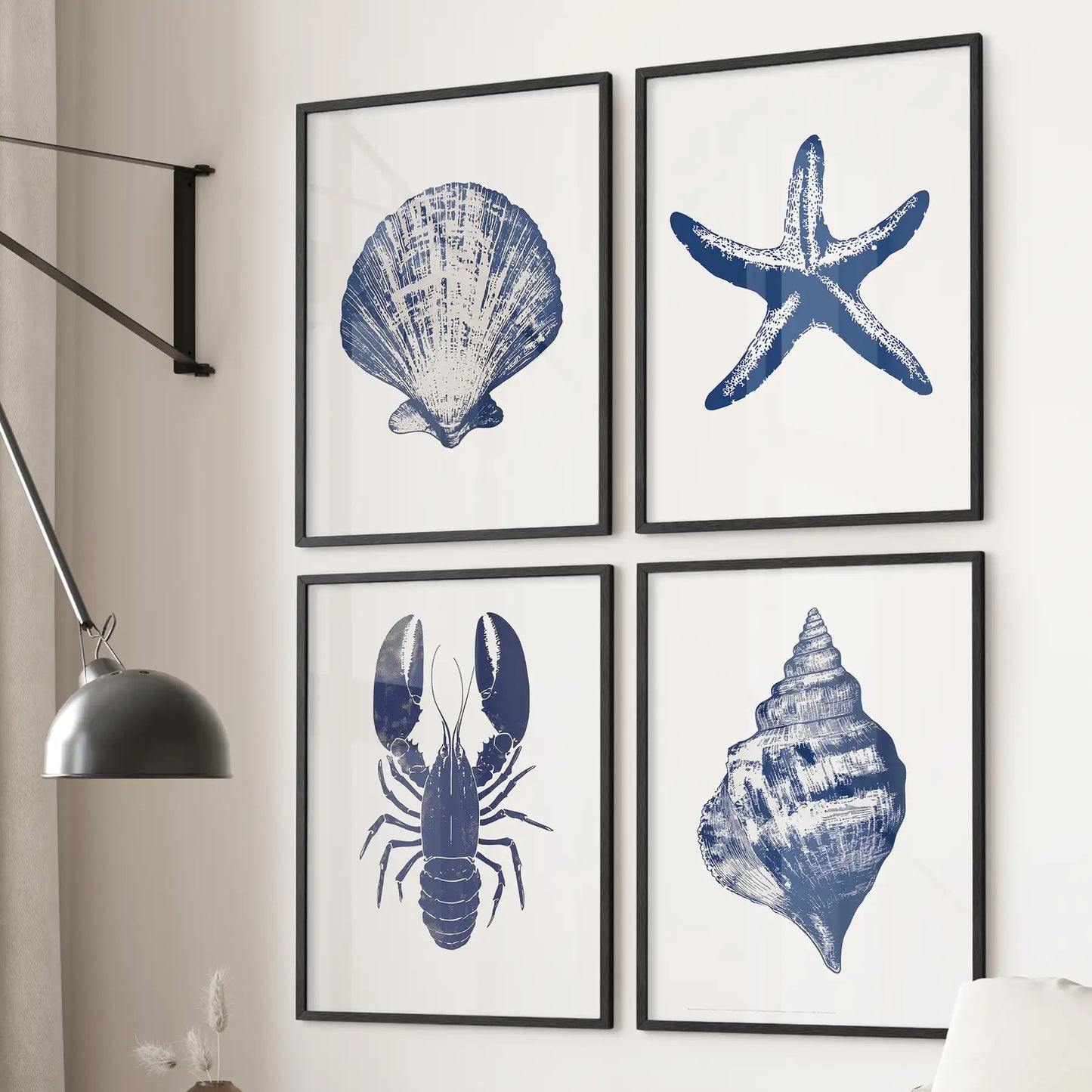 Set of 4 Art Prints. Starfish, Lobster, Seashell