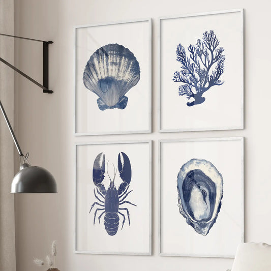 Set of 4 Piece. Lobster, Shell, Seaweed Wall Art