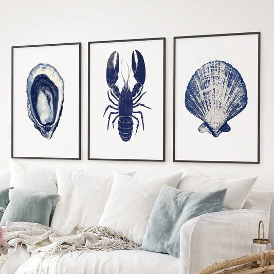 Lobster, Shell Nautical Prints.Coastal Set of 3 Piece