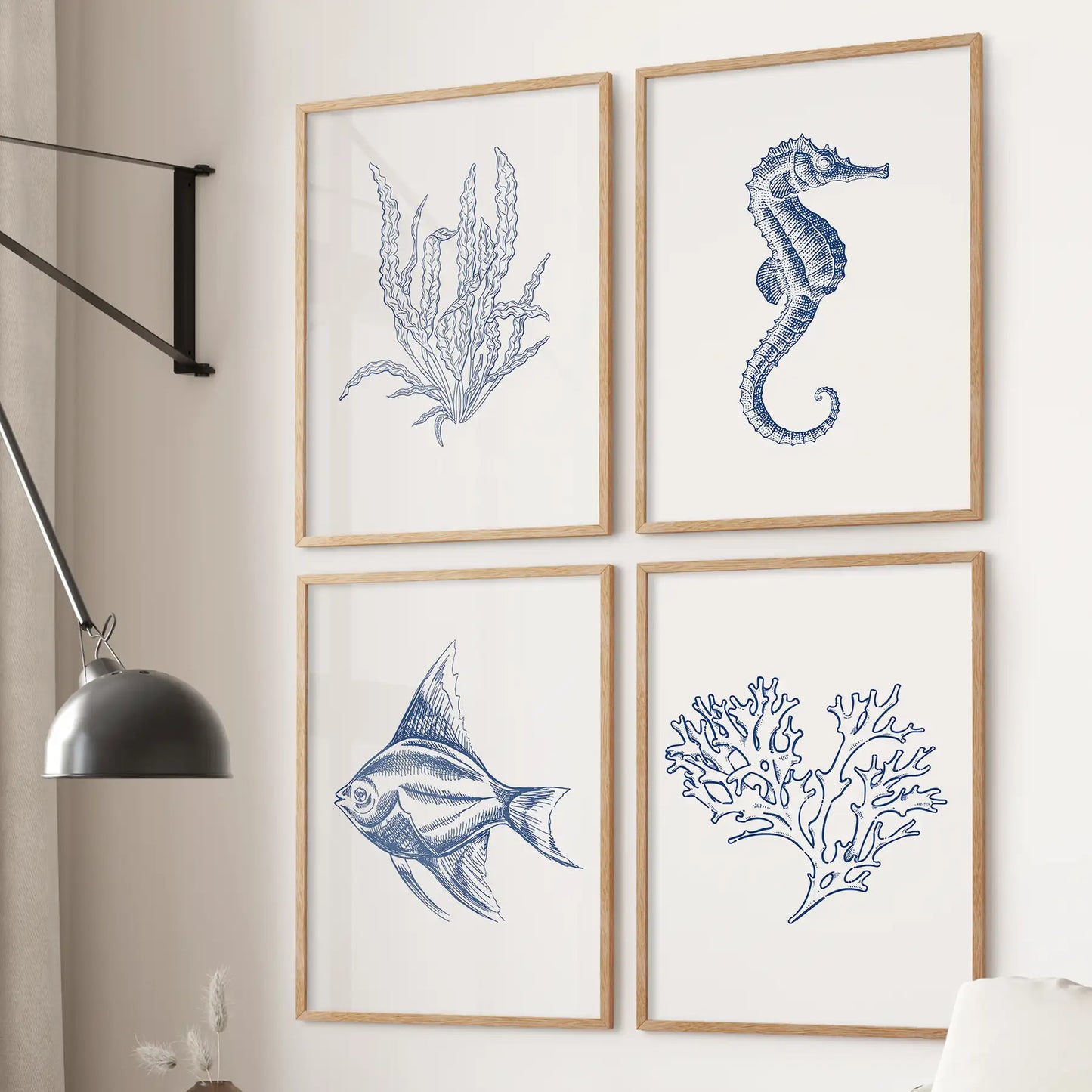 Seaweed, Seahorse, Fish, Coral Art. Set of 4 Coastal Prints