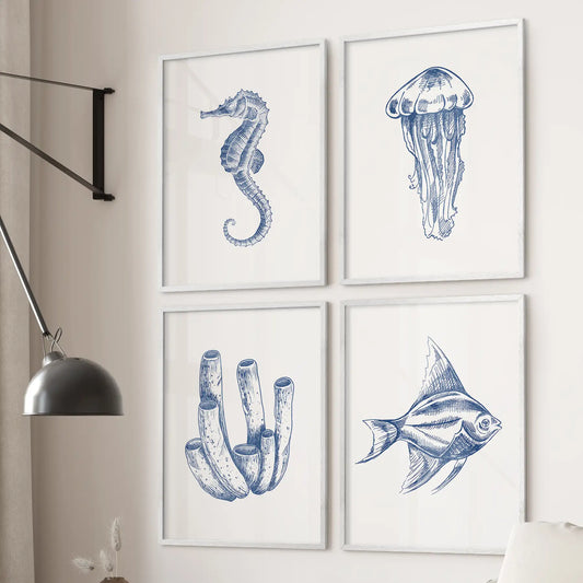 Blue Coastal Artwork. Set of 4 Posters. Jellyfish, Fish Print