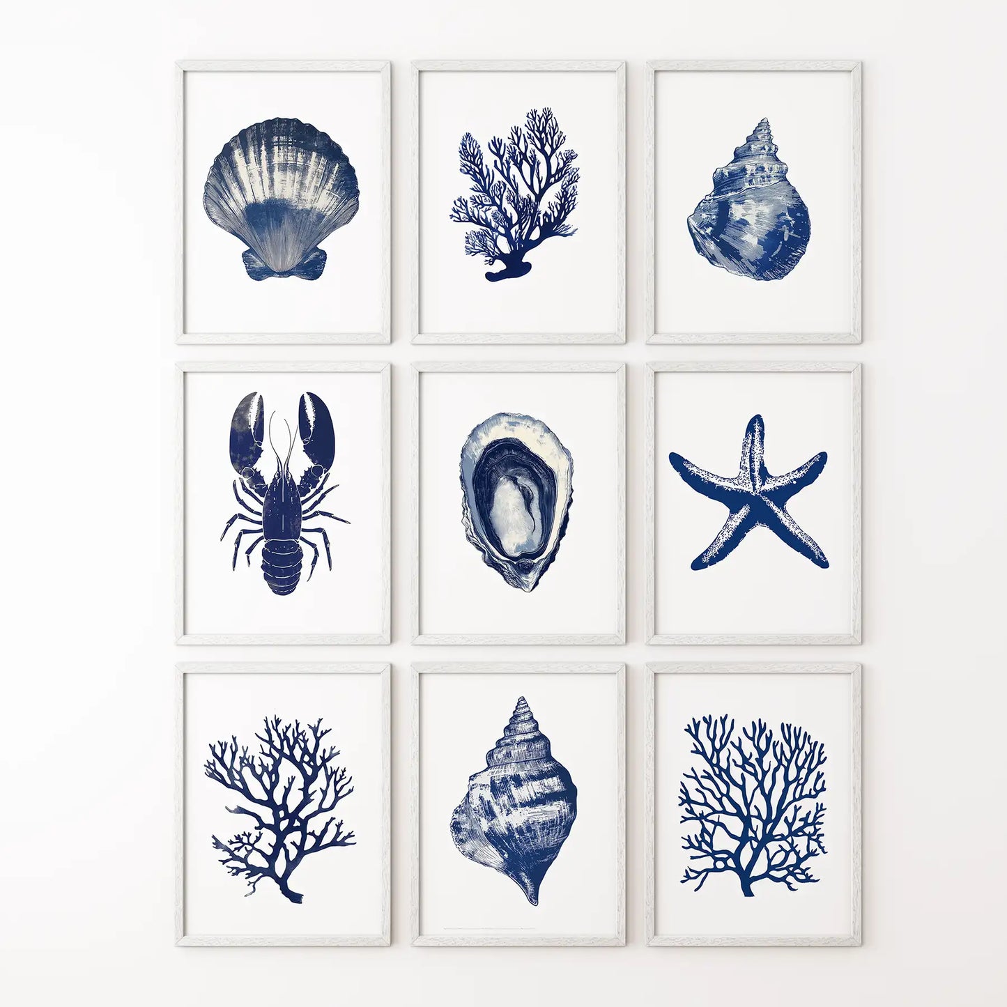 Set of 9 Coastal Prints. Lobster, Starfish, Seaweed, Shell